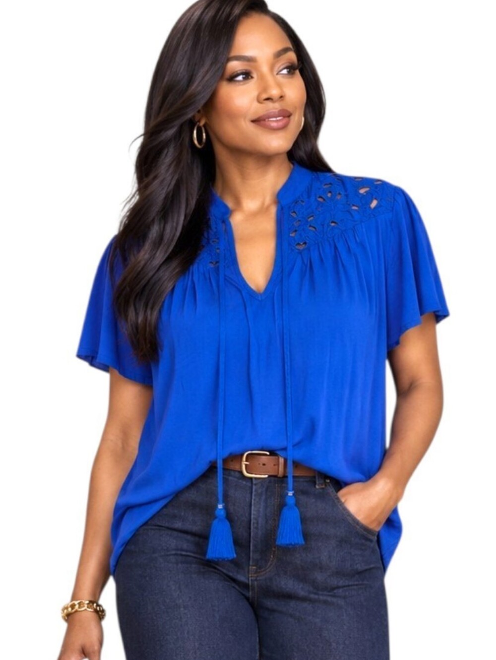 Women's Short Sleeve V-Neck Woven Eyelet Top - Knox Rose